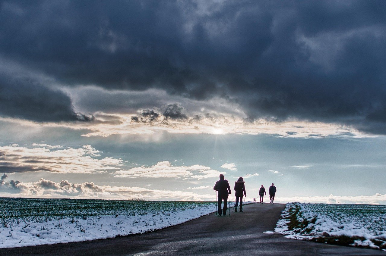 overcast, winter, cloudy day, clouds, landscape, path, nature, people, snow, walking, people, people, people, people, people, walking